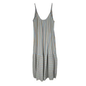 Stitchdrop Wave Goodbye Stripe Cotton Tiered Midi Dress Yacht Size XS Blue Tan